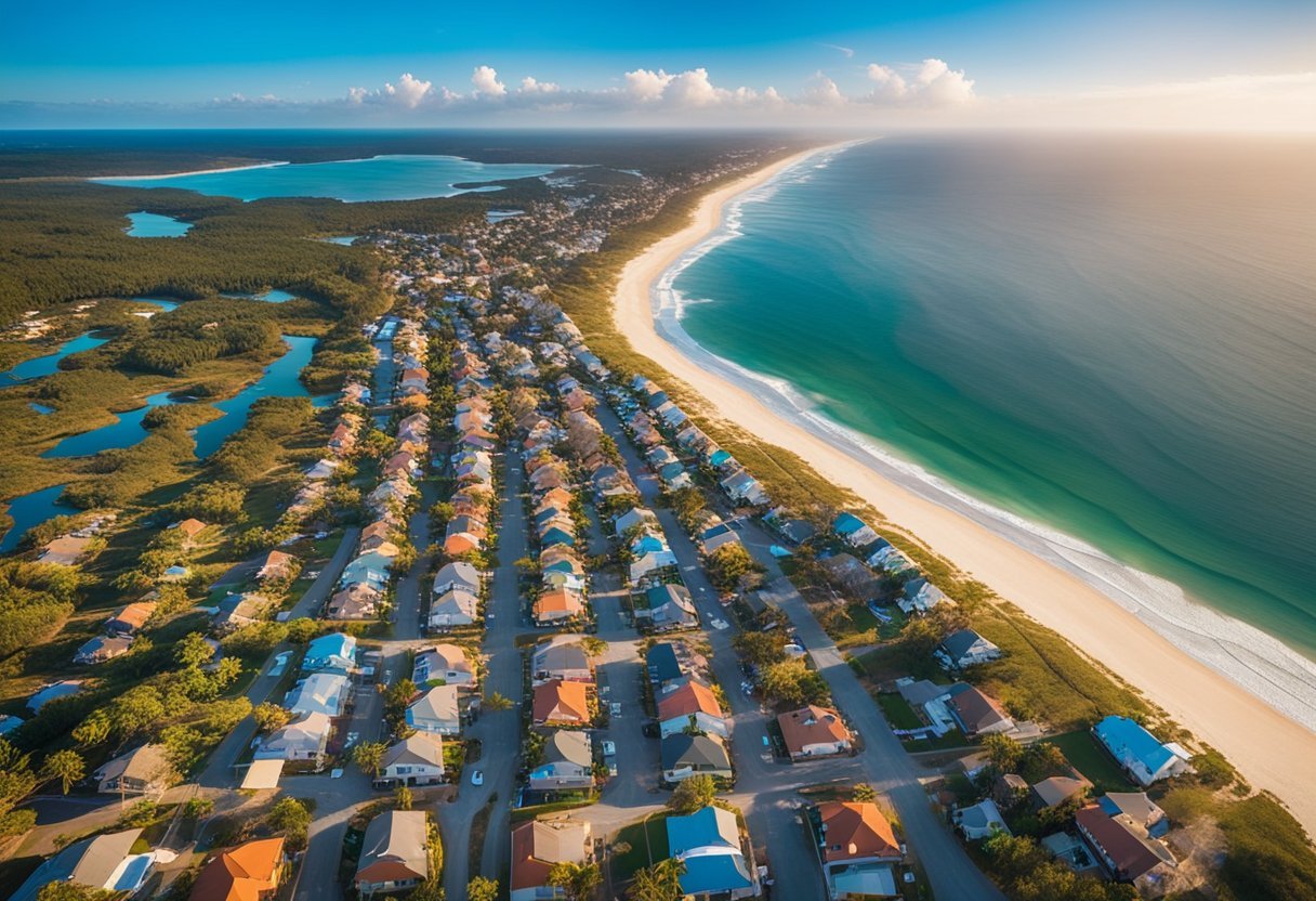 Aerial view of Imbituba, SC with rows of colorful houses for sale and a beautiful coastline in the background