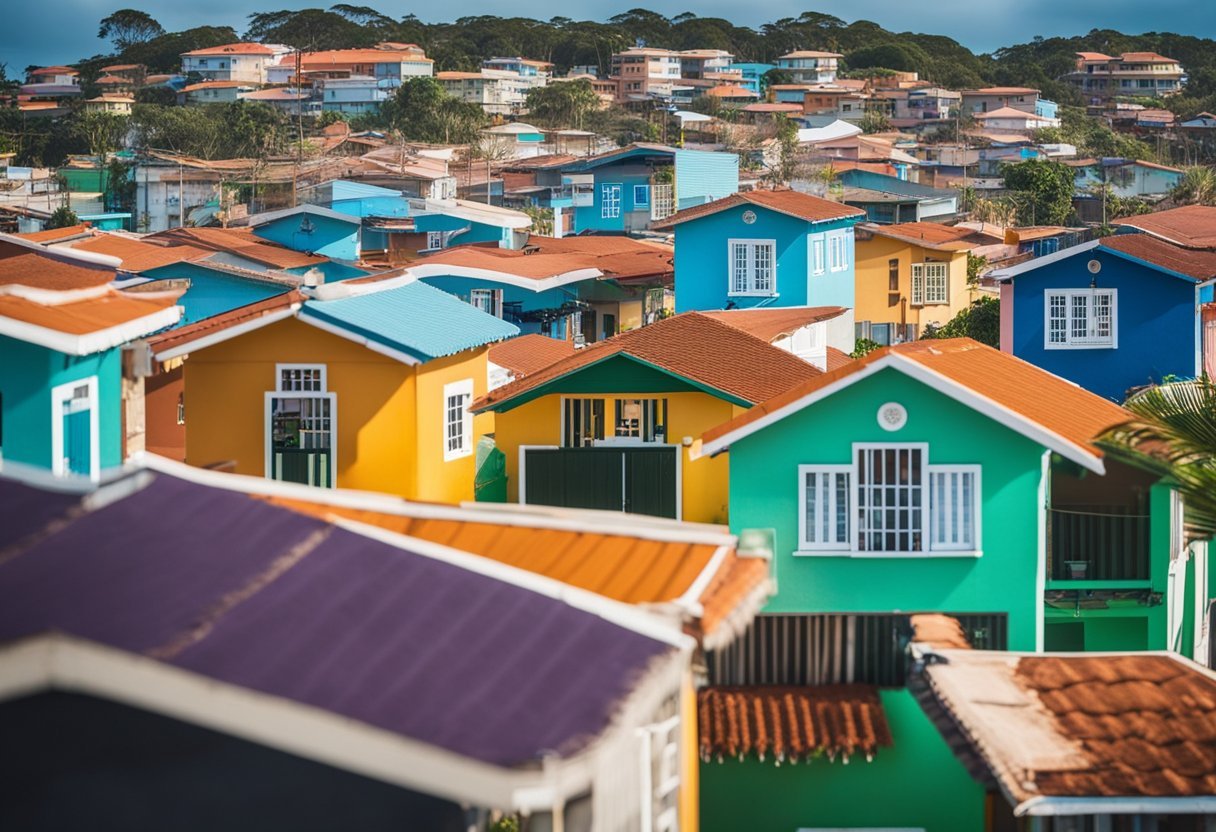 Colorful houses line the streets of Bairros Populares de Imbituba, with "for sale" signs displayed. The coastal town of Imbituba, SC is bustling with real estate activity