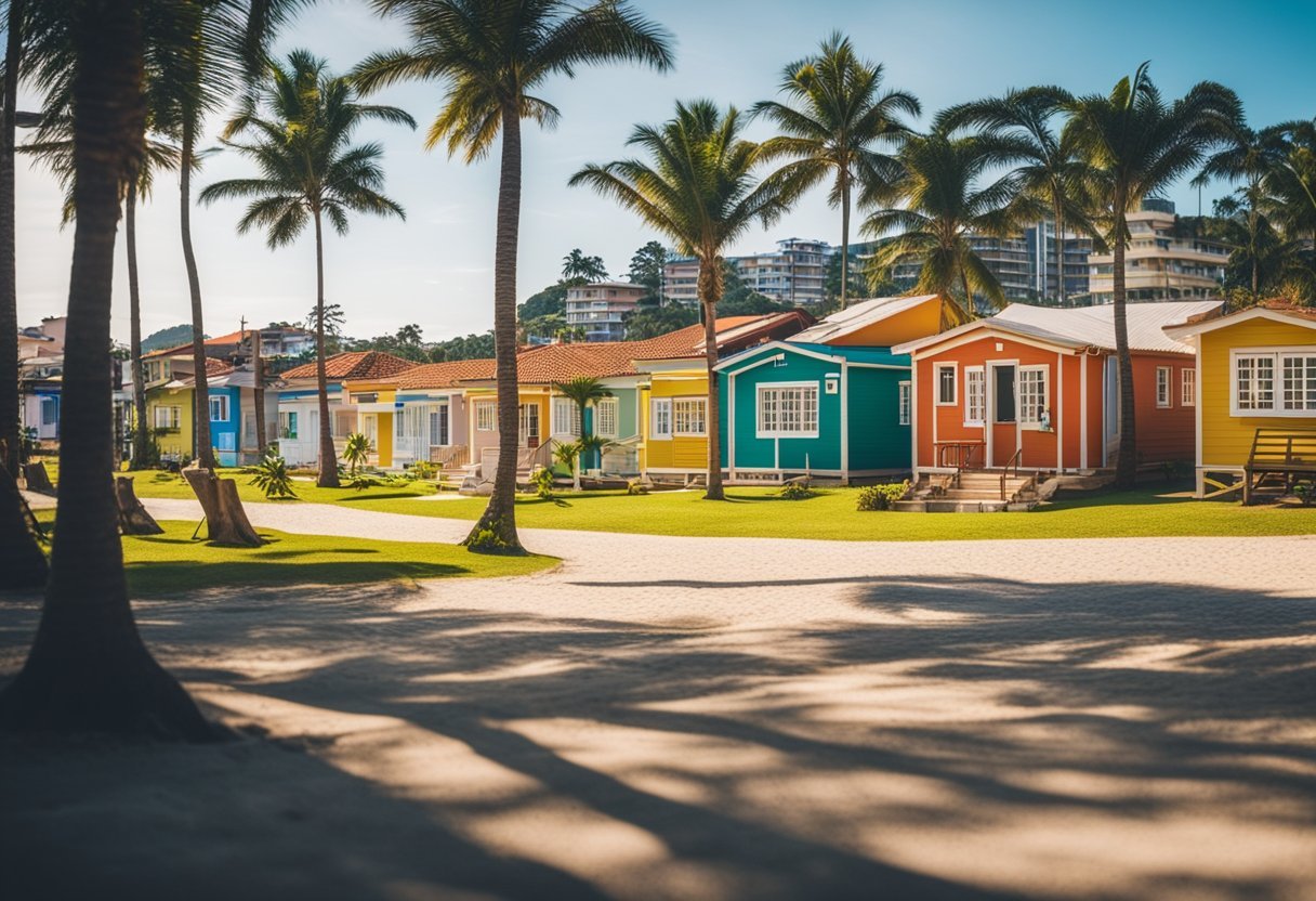 A sunny beach town in Santa Catarina, with colorful houses and palm trees, showcasing real estate for sale in Imbituba, SC