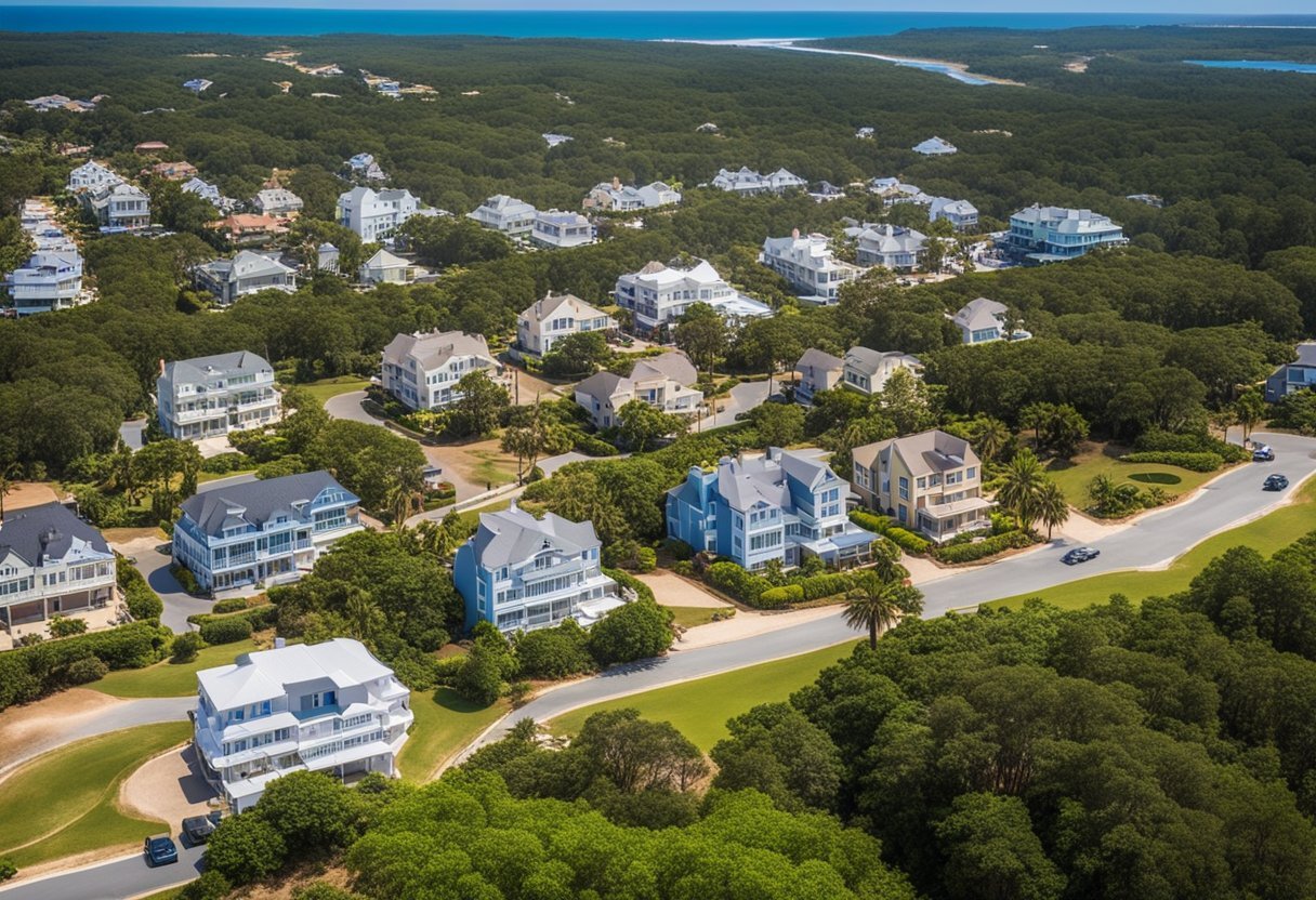 The scene depicts a serene coastal town with beautiful beaches, lush greenery, and charming real estate properties for sale in Imbituba, SC